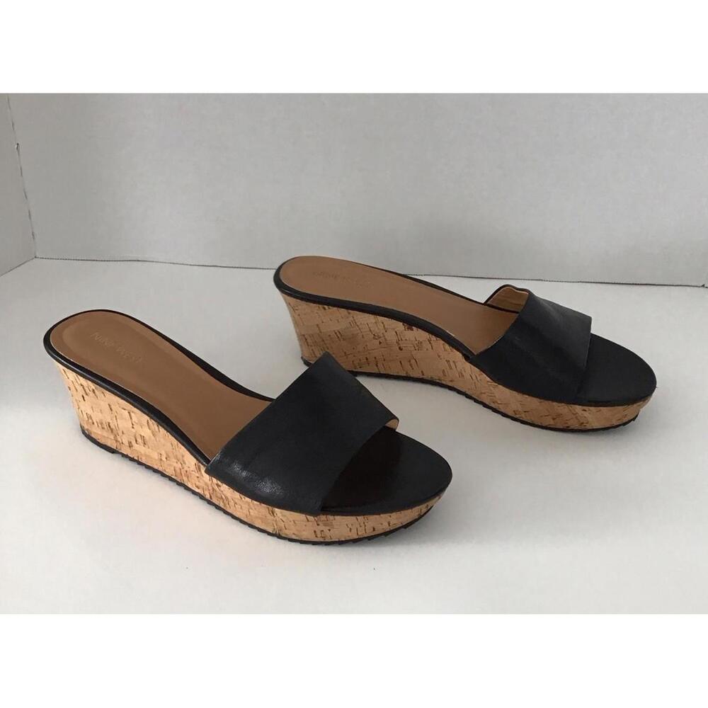 Nine West Black Leather Cork Wedge Slide on Sandal Woman’s Size 9.5 - Picture 3 of 9